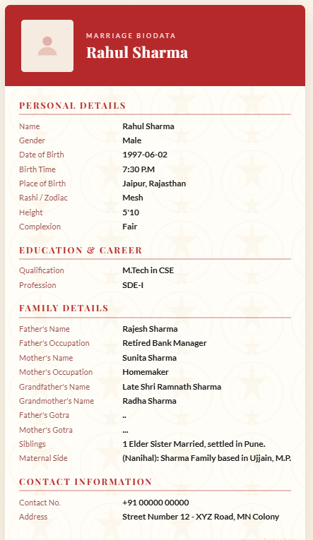 Mera Parichay Premium Marriage Biodata Template Preview